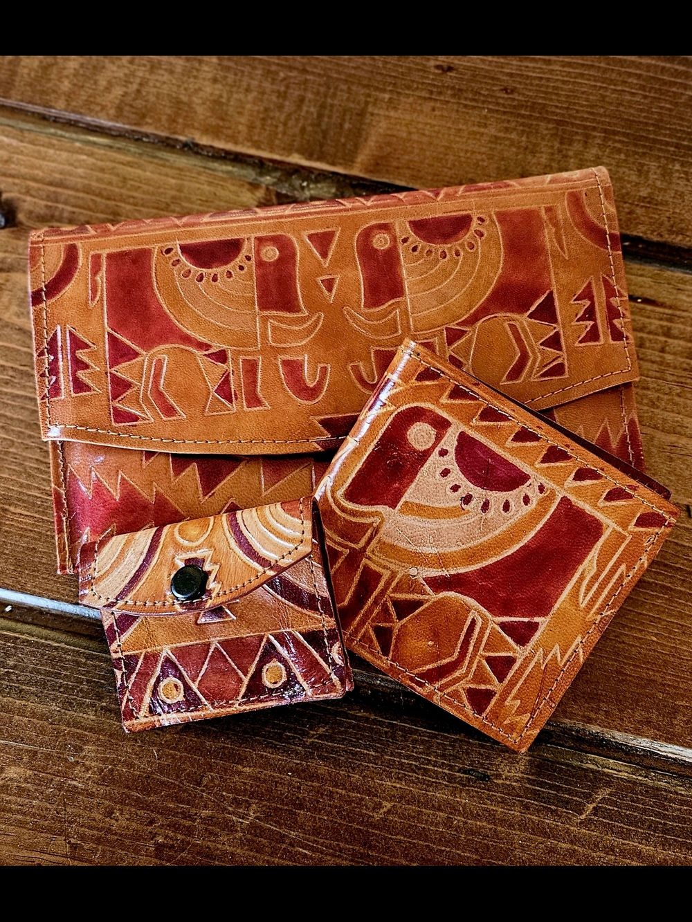 Hand-tooled Leather Wallet Set in Burnt Orange & Deep Red